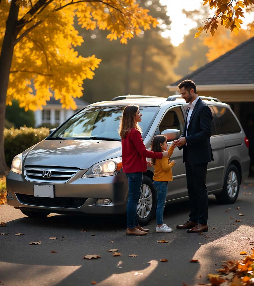 Eine Familie übergibt ein Auto an einen Händler beim Autoankauf Aalen vor dem Haus